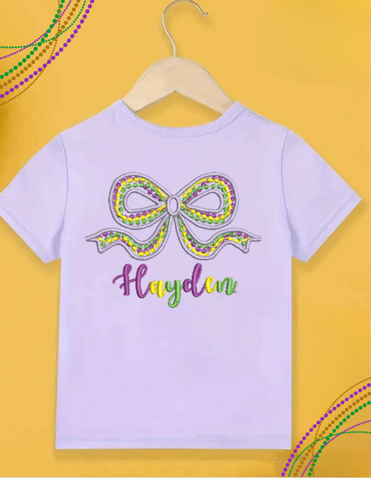 Mardi Gras Personalized Embroidered Bow Tee
