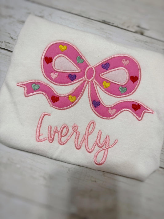 Personalized embroidered Bow & hearts applique Tee