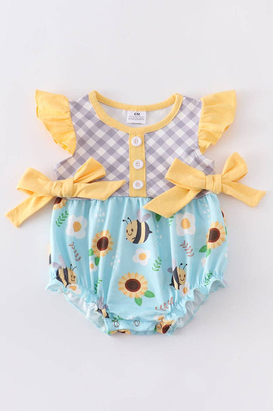 Yellow bee print ruffle baby romper