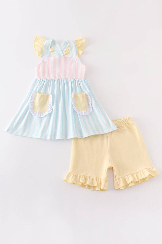 Blue stripe ruffle pocket girl set