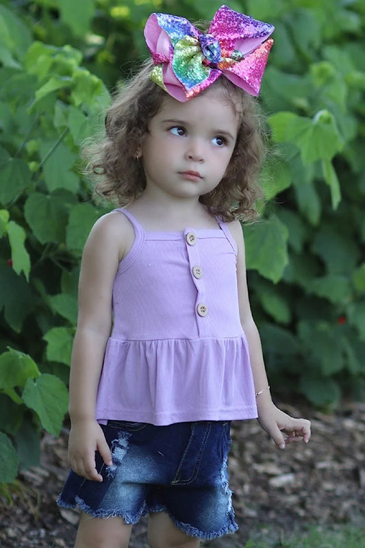 PURPLE RUFFLA CAMI WITH DISTRESSED DENIM SHORTS