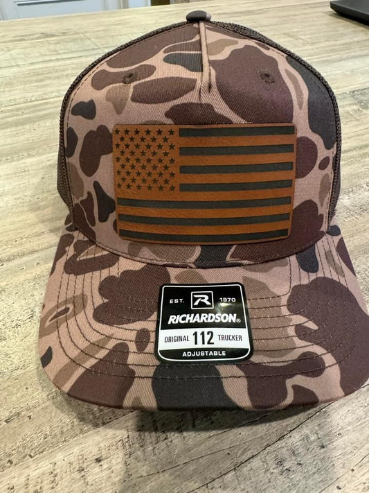 Camo American Flag leather Patch Hat