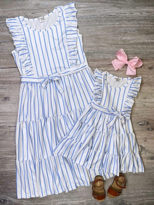 Blue stripe ruffle tiered dress mommy & me