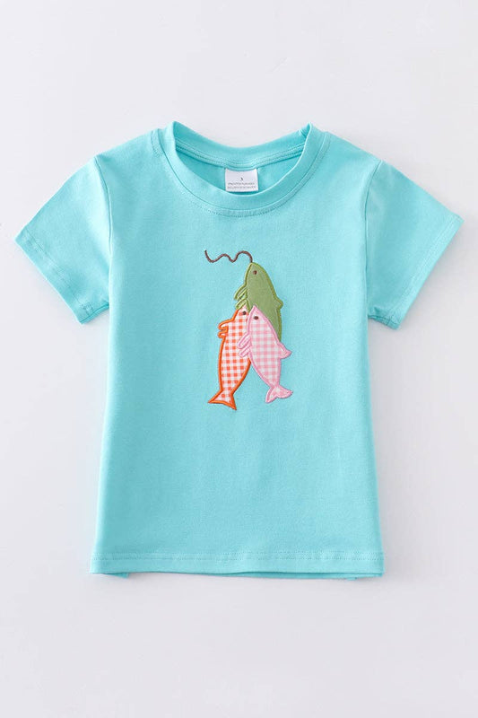 Blue fish applique boy top