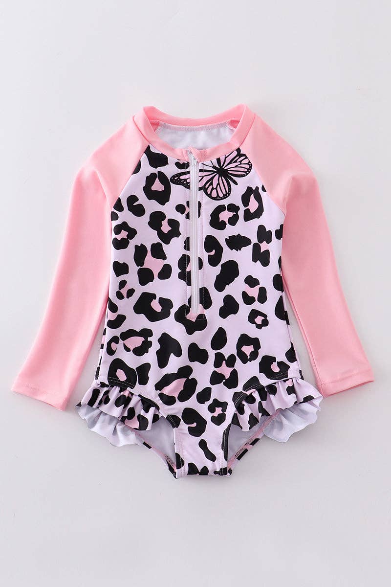 Pink leopard butterfly ruffle girl swimsuit