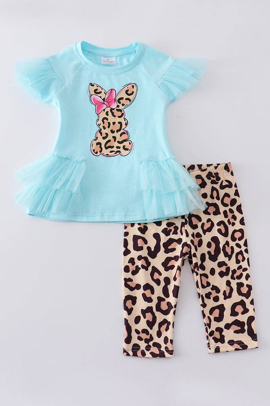 Mint leopard bunny ruffle pant set