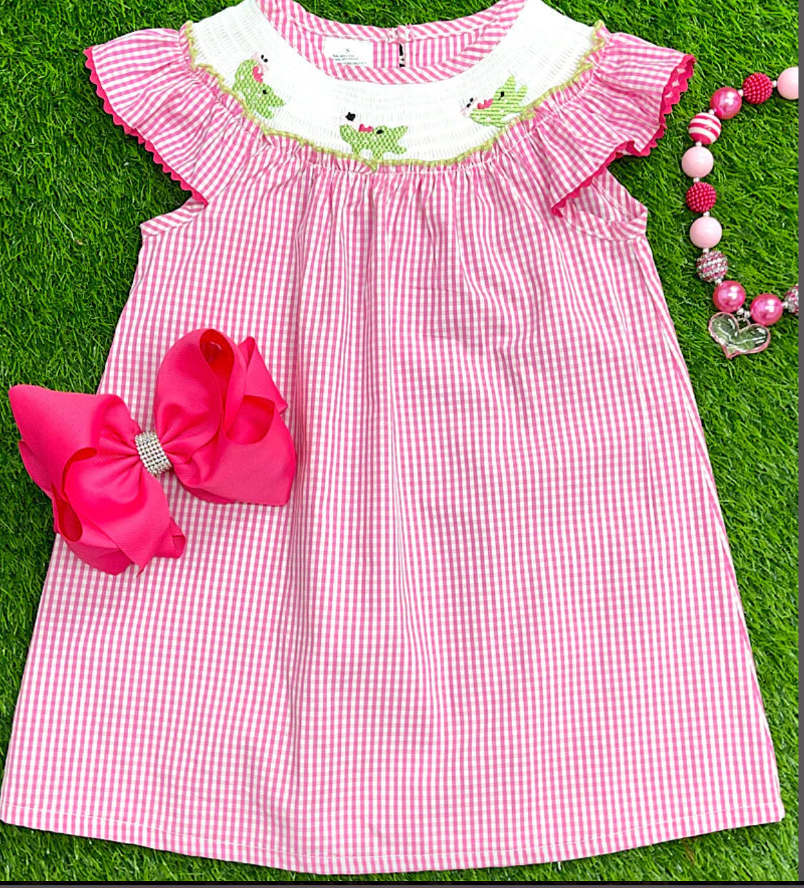 PINK & WHITE ALLIGATOR EMBROIDERED CHECKER DRESS ALLIGATOR EMBROIDERY