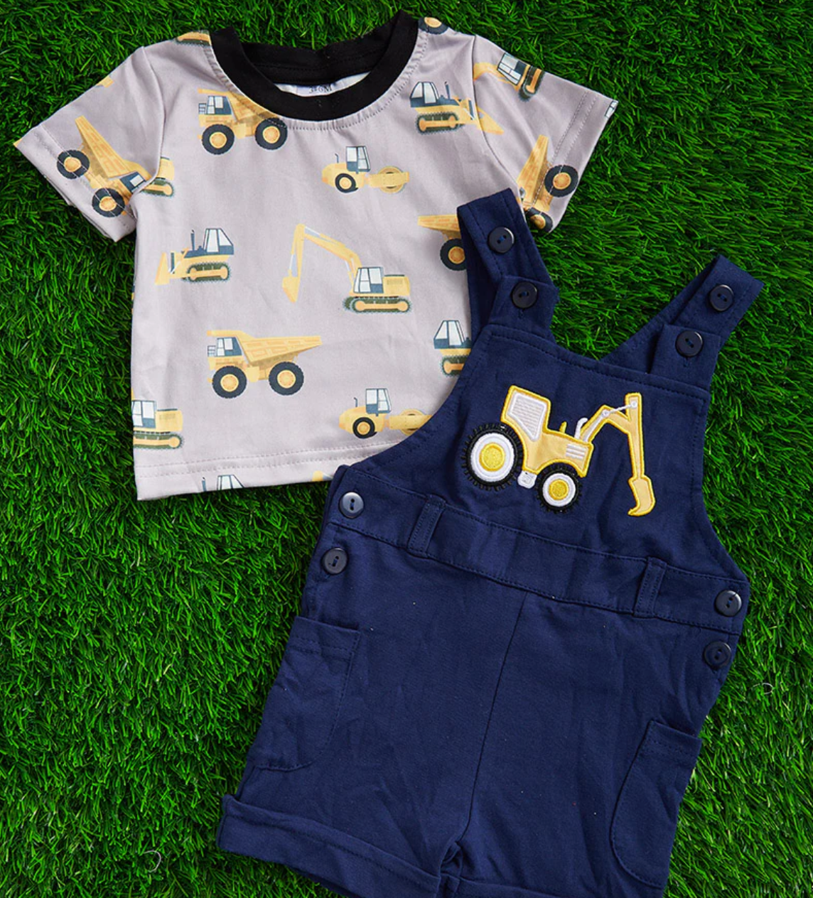 CONSTRUCTION TRUCK APPLIQUE NAVY BLUE ROMPER W/ MATCHING TEE