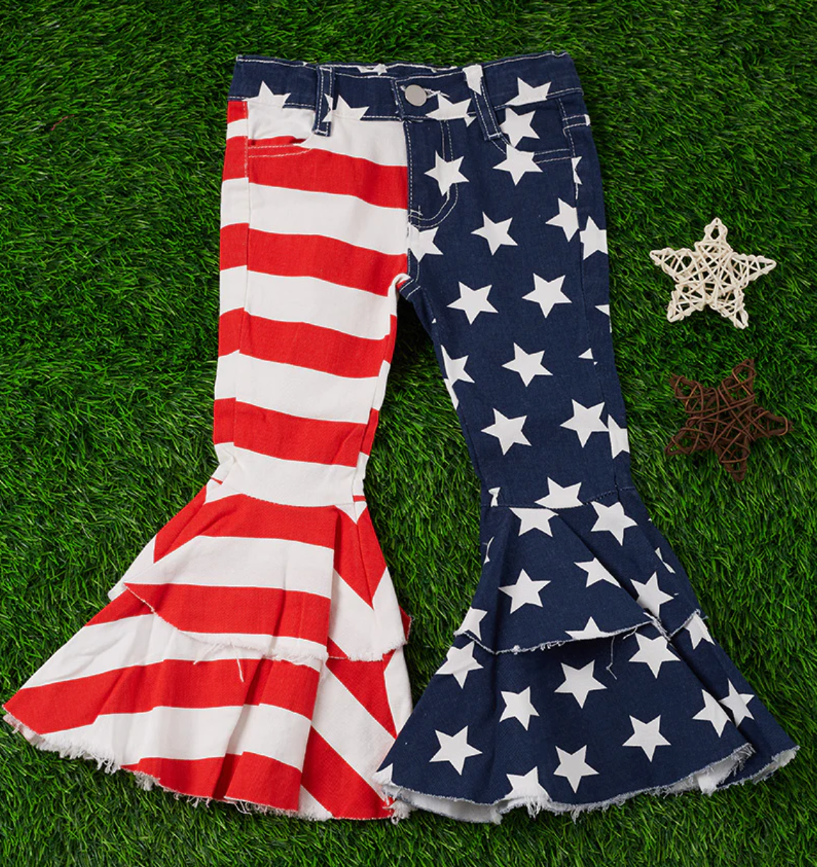 STARS AND STRIPES DOUBLE LAYER DENIM bell bottom JEANS