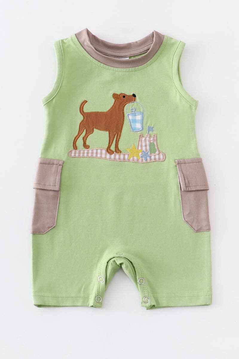 Green dog applique pocket boy romper