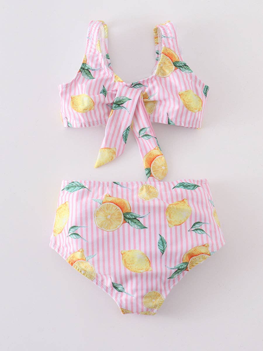 Pink Stripe Lemon Ruffle Girl Swimsuit Set