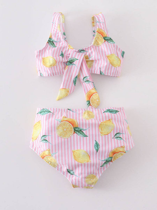 Pink Stripe Lemon Ruffle Girl Swimsuit Set