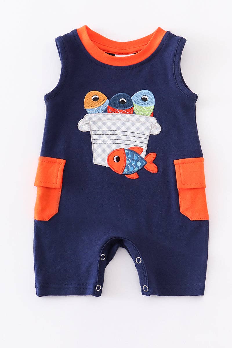 Navy fish applique pocket boy romper