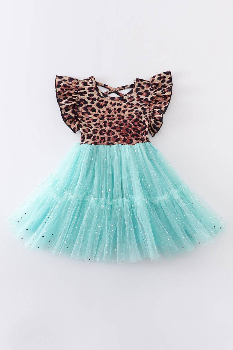 Mint leopard ruffle tutu dress