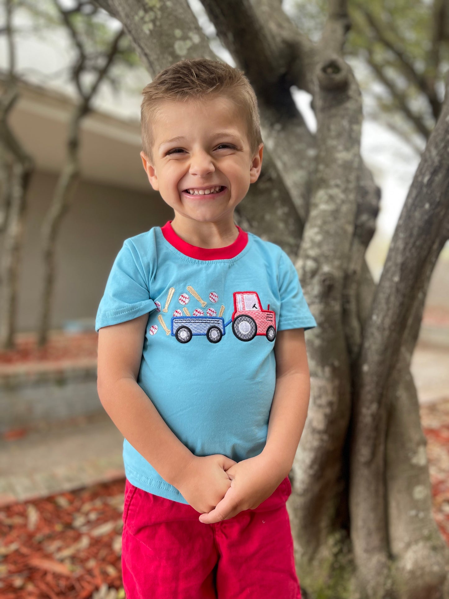 Blue truck baseball applique boy top