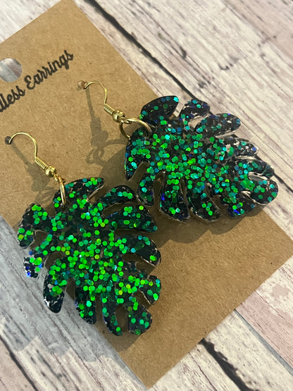Sparkle green leaf dangle Earrings