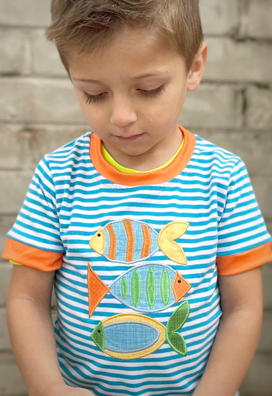 Blue stripe fish applique boy top