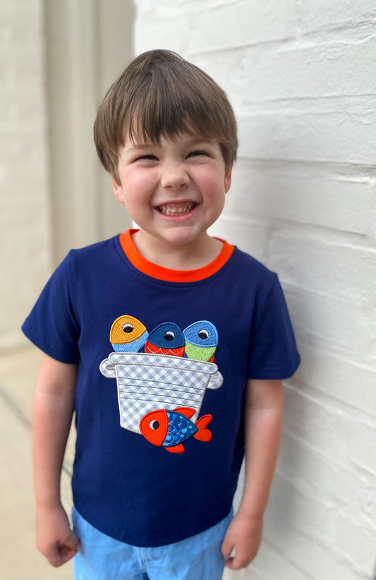 Navy fish applique boy top