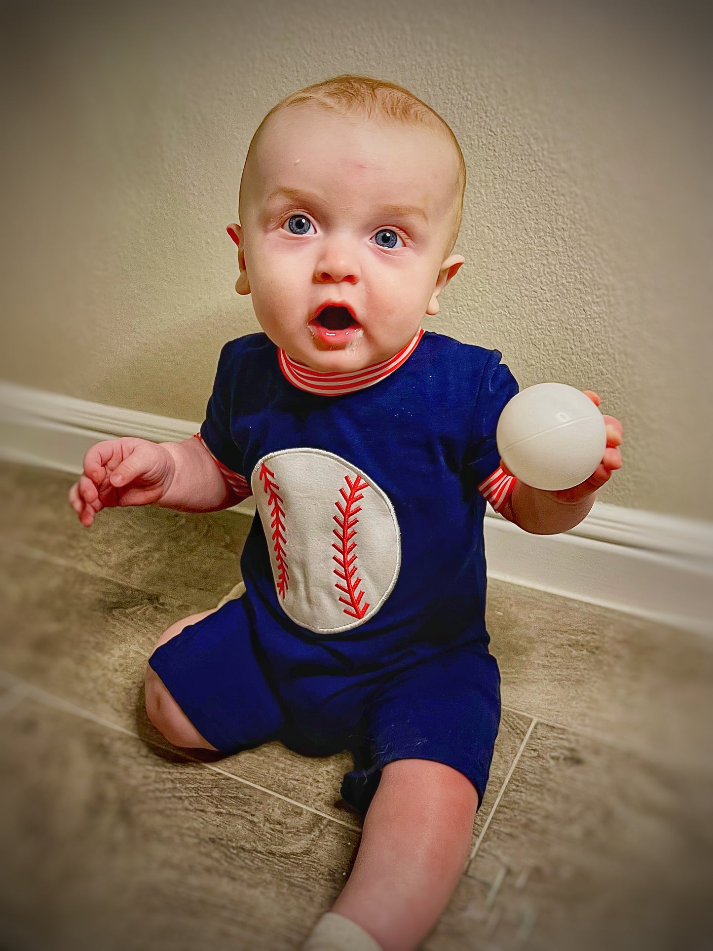 Navy baseball applique boy romper