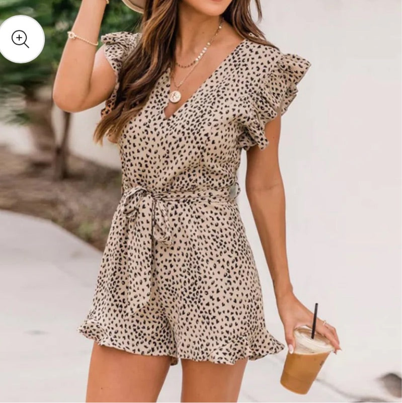 Womens Leopard waist tie Romper