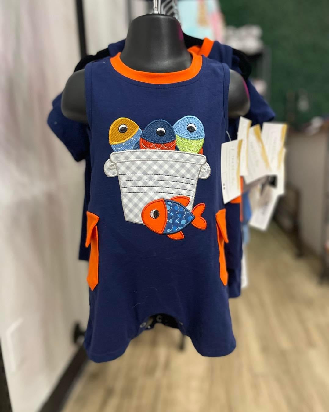 Navy fish applique pocket boy romper